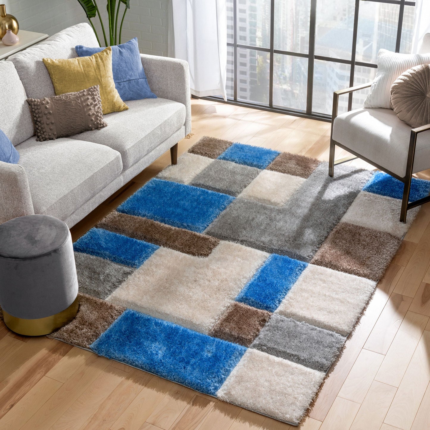 Escondido  Modern Geometric Boxes Shag Light Blue 3D Textured Thick & Soft Shag Rug SF-66