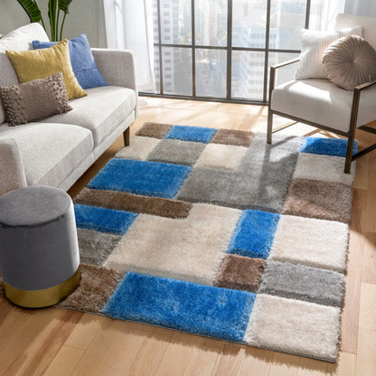 Escondido  Modern Geometric Boxes Shag Light Blue 3D Textured Thick & Soft Shag Rug SF-66