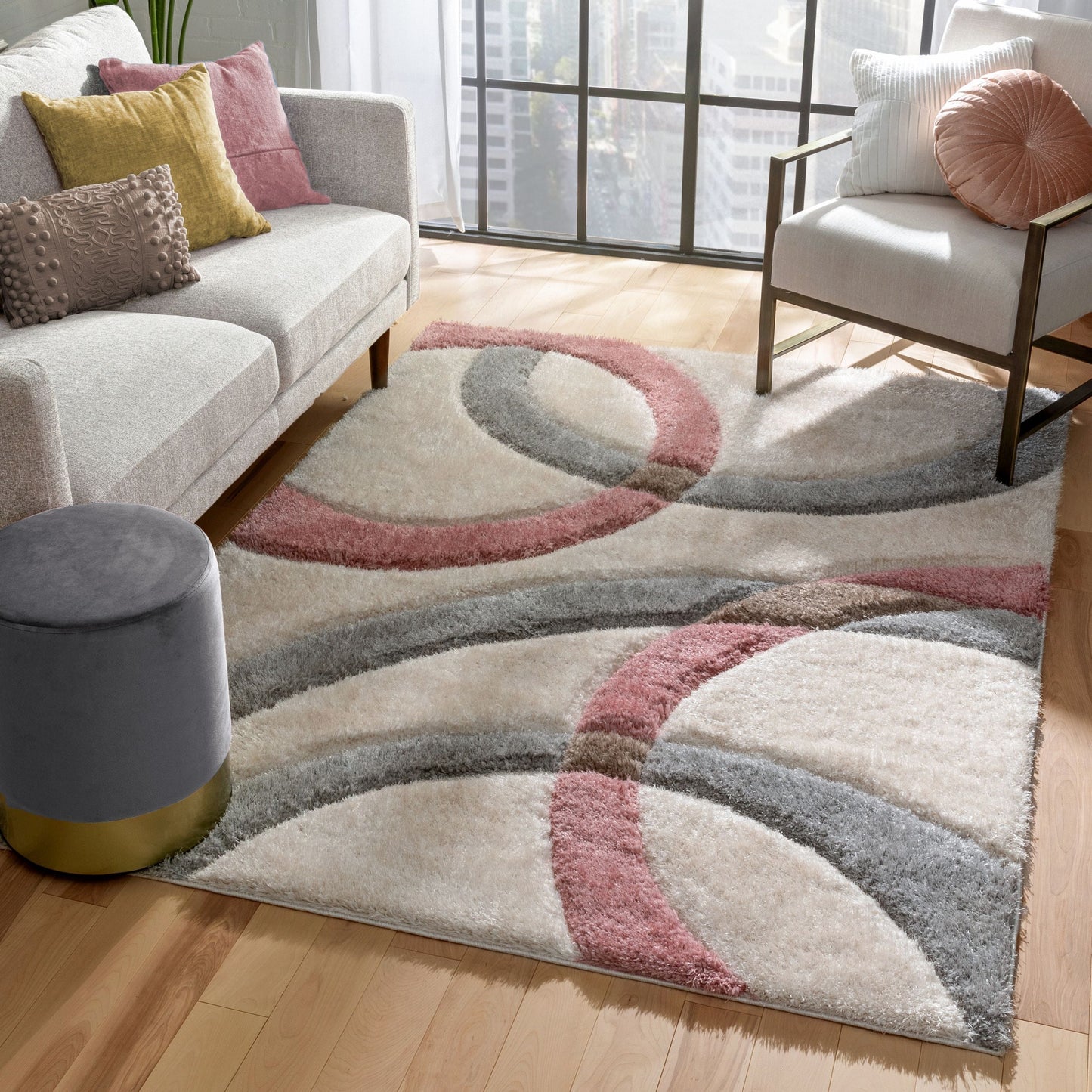 Bevel Modern Geometric Arcs & Shapes Shag Blush Grey 3D Textured Thick & Soft Shag Rug SF-89
