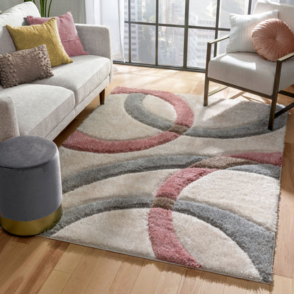 Bevel Modern Geometric Arcs & Shapes Shag Blush Grey 3D Textured Thick & Soft Shag Rug SF-89