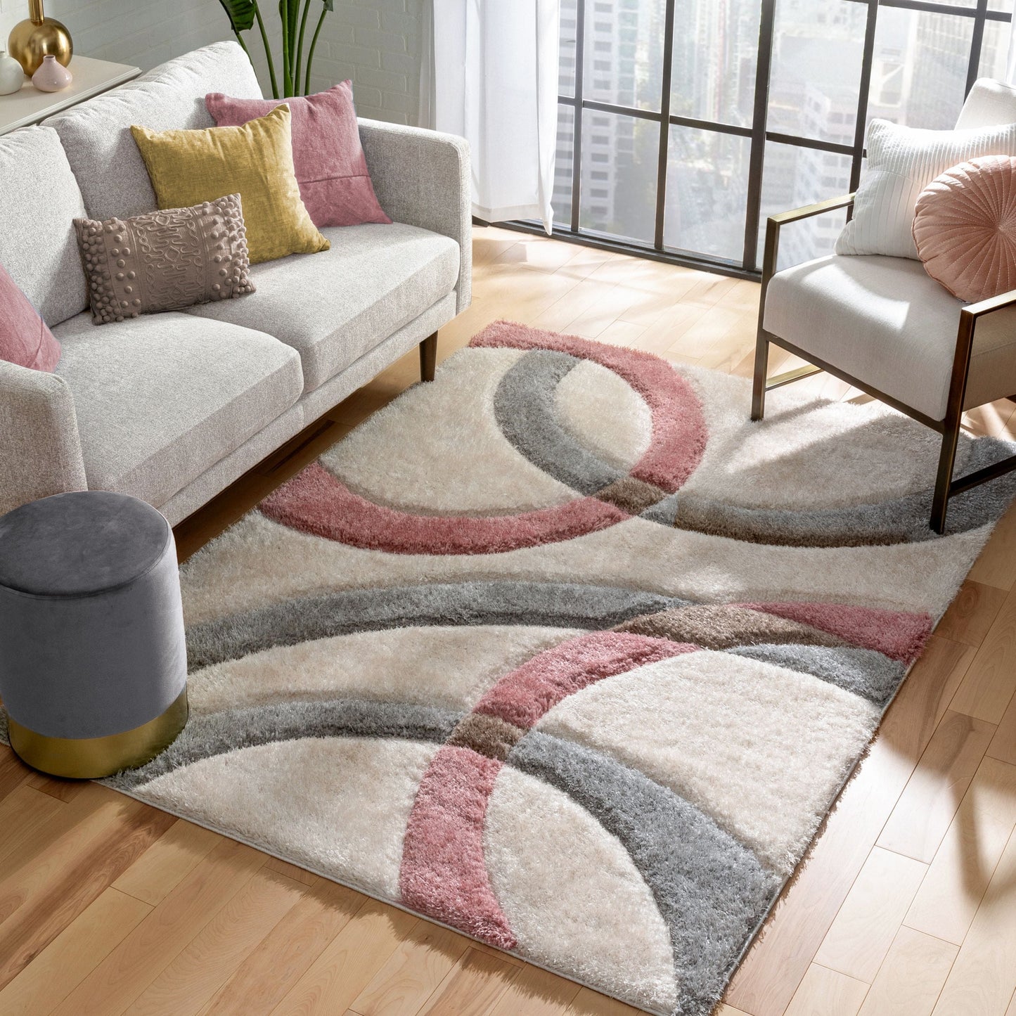 Bevel Modern Geometric Arcs & Shapes Shag Blush Grey 3D Textured Thick & Soft Shag Rug SF-89