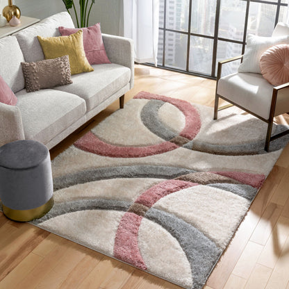 Bevel Modern Geometric Arcs & Shapes Shag Blush Grey 3D Textured Thick & Soft Shag Rug SF-89