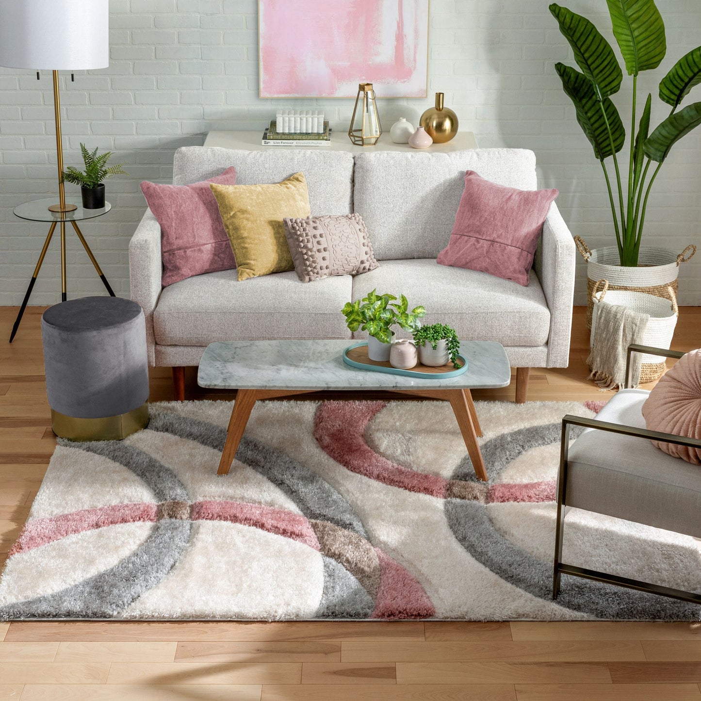 Bevel Modern Geometric Arcs & Shapes Shag Blush Grey 3D Textured Thick & Soft Shag Rug SF-89