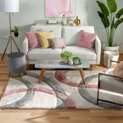 Bevel Modern Geometric Arcs & Shapes Shag Blush Grey 3D Textured Thick & Soft Shag Rug SF-89