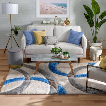 Bevel Modern Geometric Arcs & Shapes Shag Light Blue Grey 3D Textured Thick & Soft Shag Rug SF-86