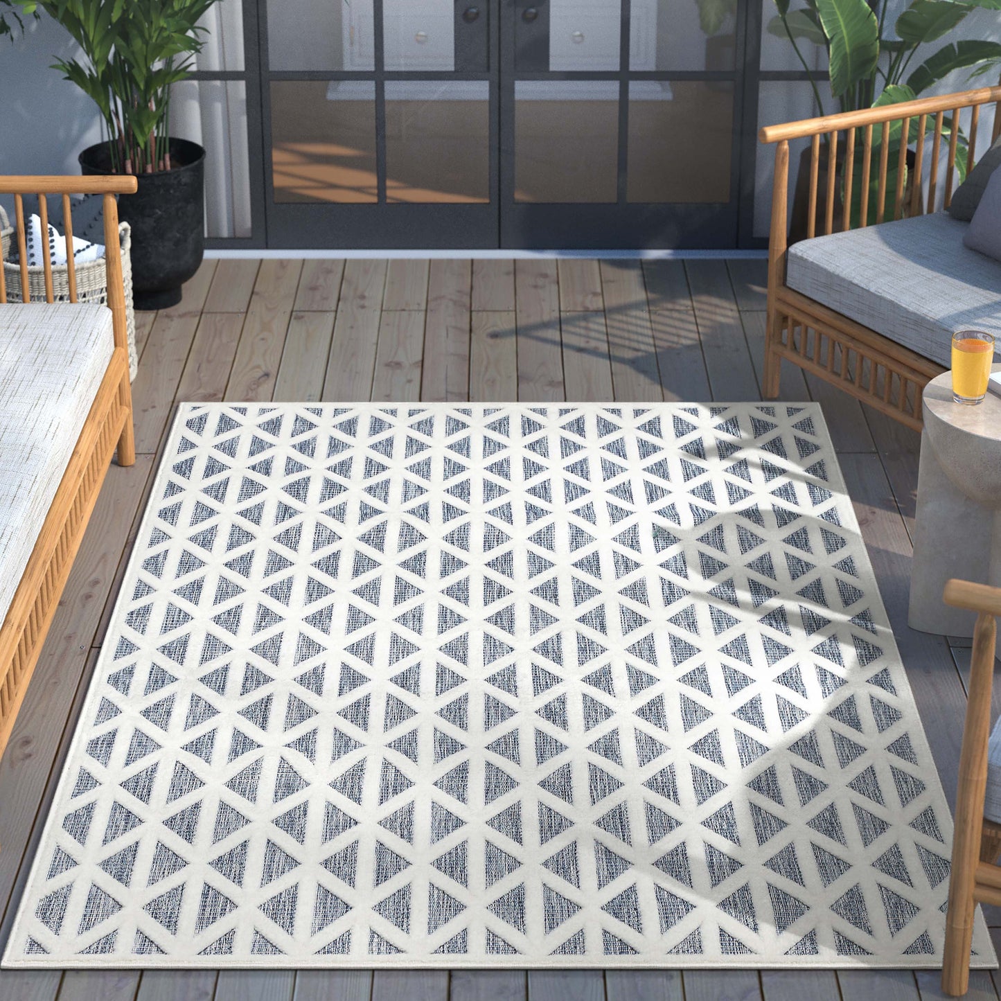 Ciel Modern Geometric Indoor/Outdoor Blue High-Low Rug SIL-14