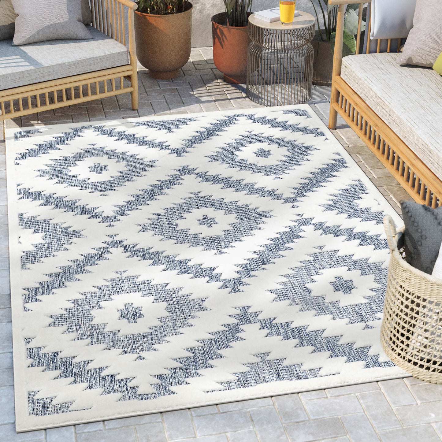 Keiko Tribal Moroccan Indoor/Outdoor Blue High-Low Rug SIL-24