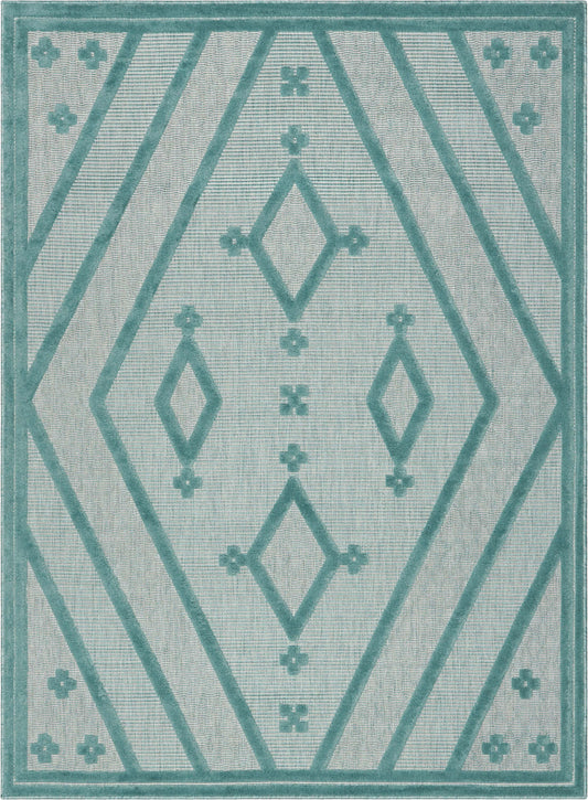 Mali Tribal Diamond Pattern Indoor/Outdoor Teal High-Low Rug SIL-36