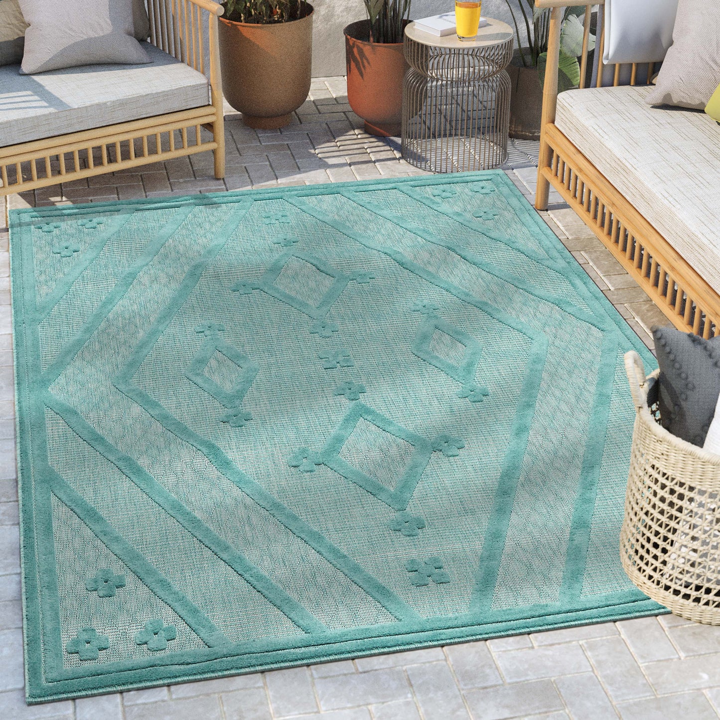 Mali Tribal Diamond Pattern Indoor/Outdoor Teal High-Low Rug SIL-36