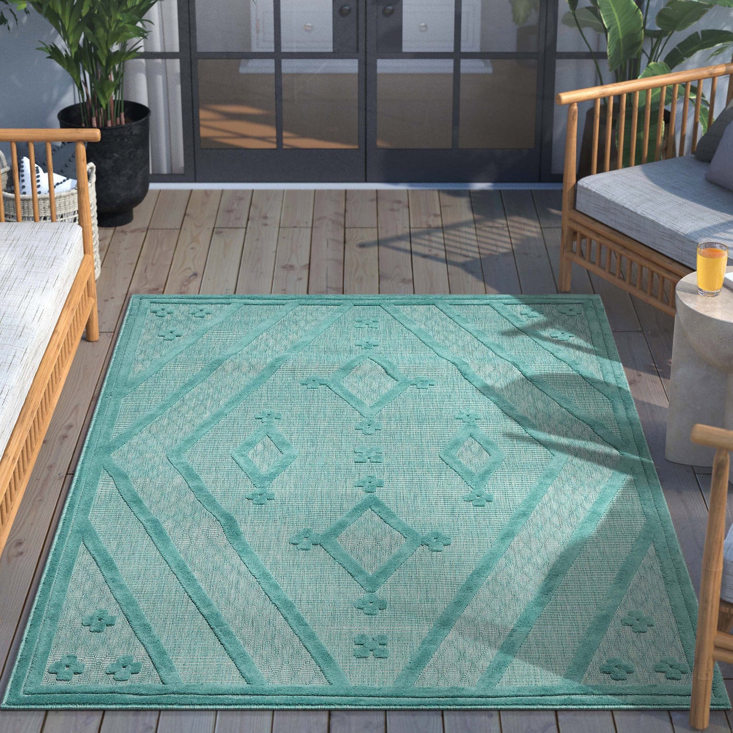 Mali Tribal Diamond Pattern Indoor/Outdoor Teal High-Low Rug SIL-36