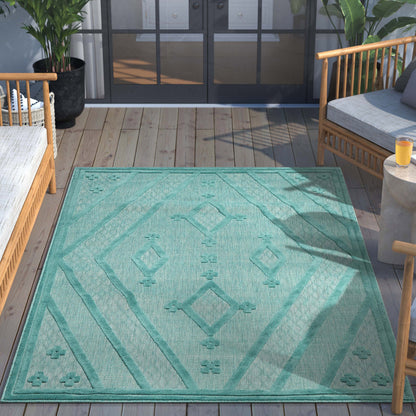 Mali Tribal Diamond Pattern Indoor/Outdoor Teal High-Low Rug SIL-36