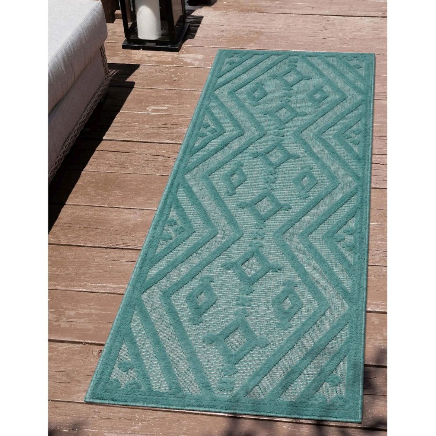 Mali Tribal Diamond Pattern Indoor/Outdoor Teal High-Low Rug SIL-36