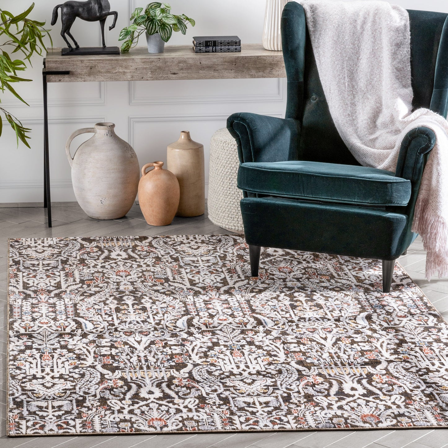 Ahote Vintage Floral Damask Pattern Grey Textured Rug TEN-17