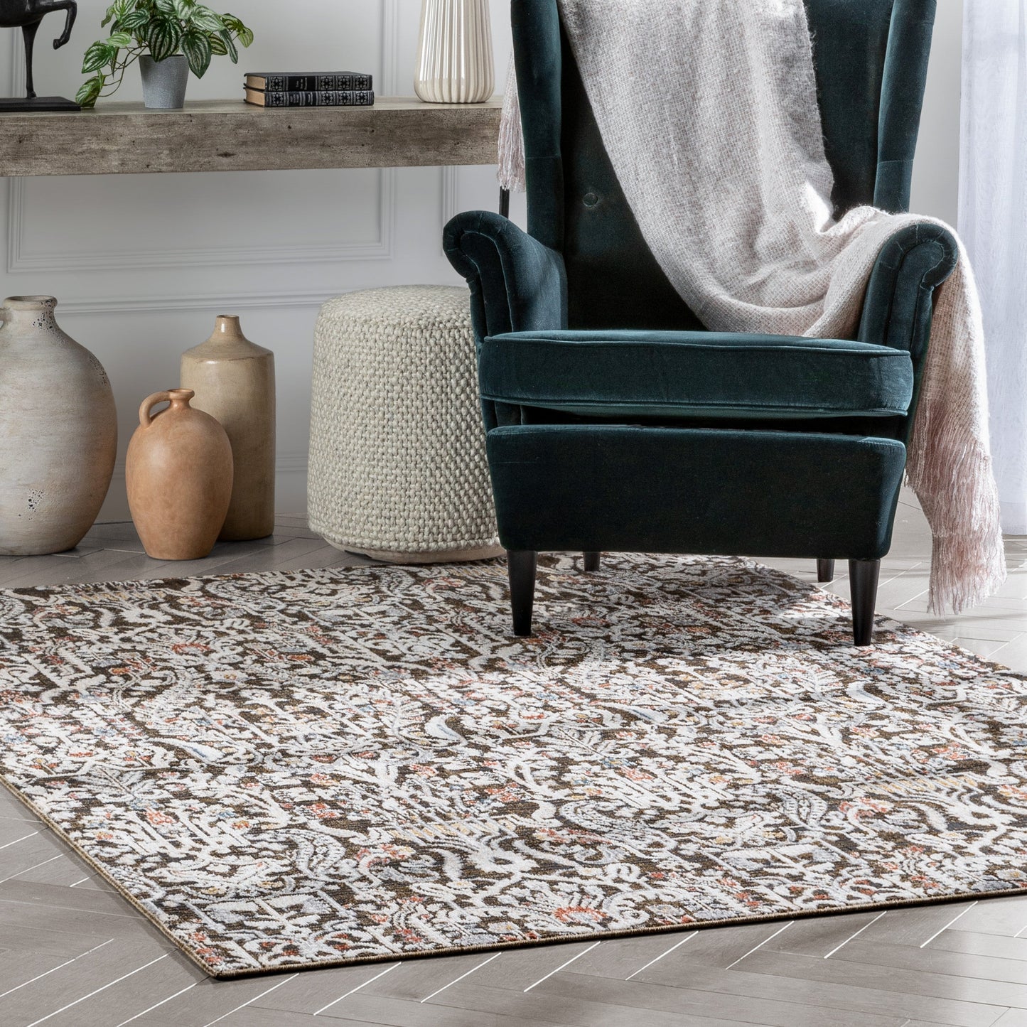 Ahote Vintage Floral Damask Pattern Grey Textured Rug TEN-17