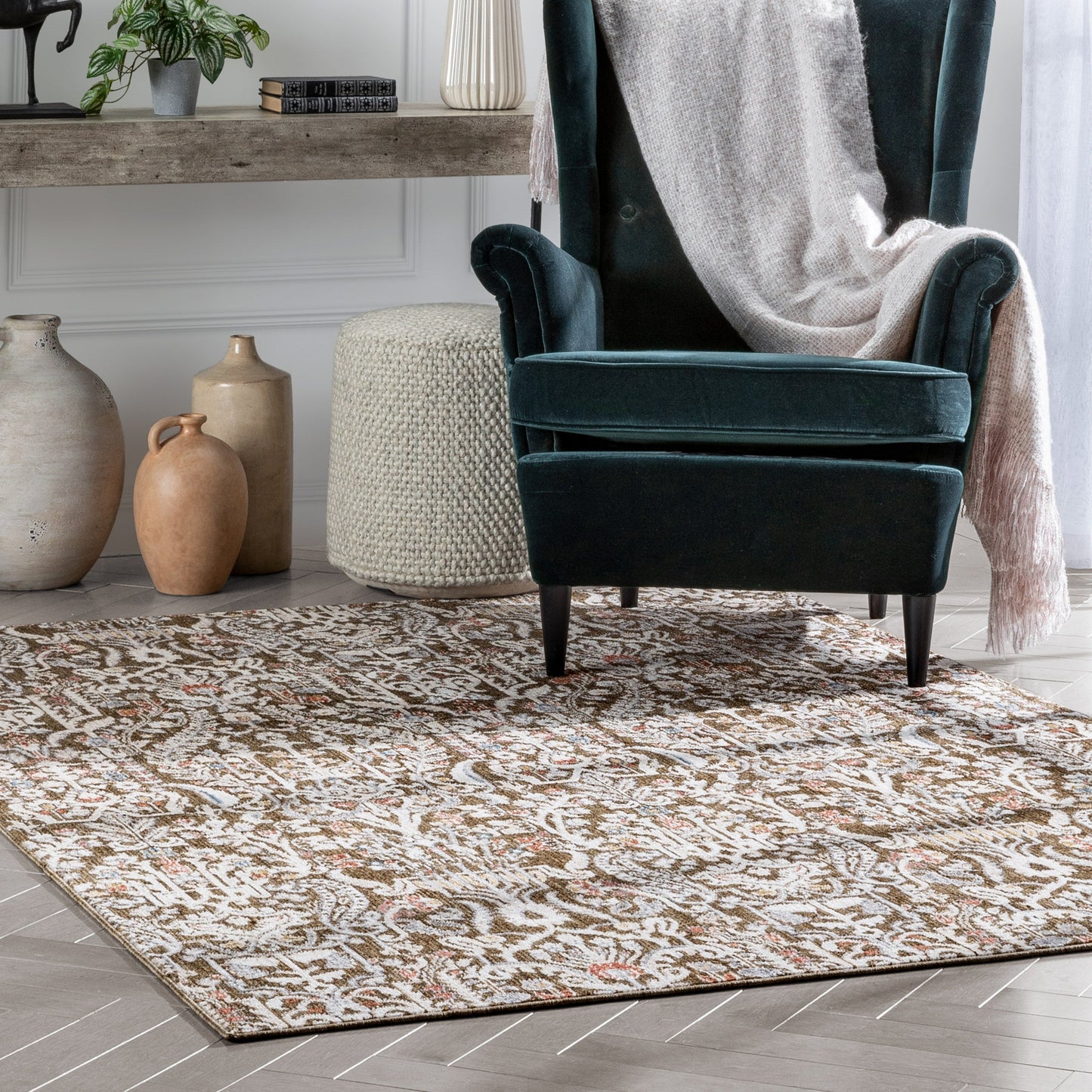Ahote Vintage Floral Damask Pattern Brown Textured Rug TEN-18