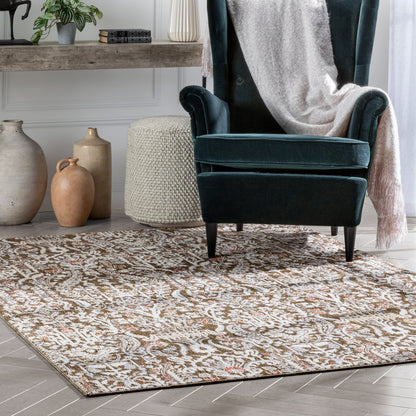 Ahote Vintage Floral Damask Pattern Brown Textured Rug TEN-18
