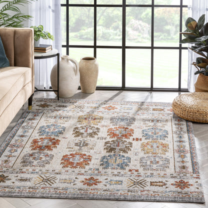 Kestrel Vintage Tribal Floral Pattern Grey Textured Rug TEN-37