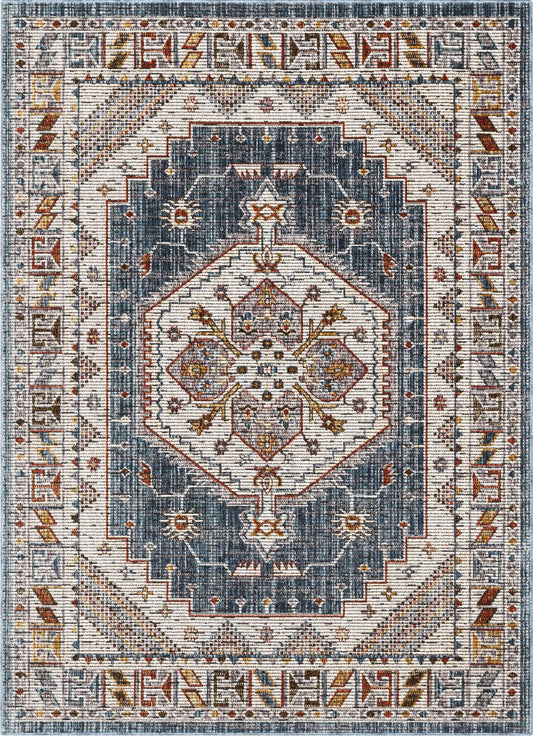 Namib Vintage Medallion Oriental Blue Textured Rug TEN-54