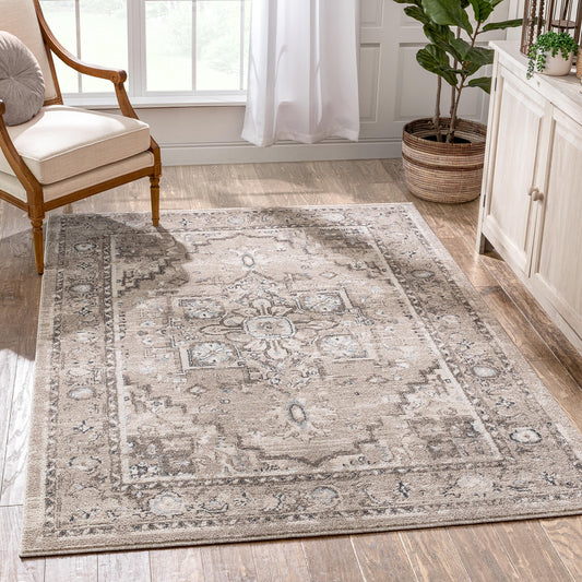 Novara Vintage Oriental Medallion Pattern Beige Rug TOP-42