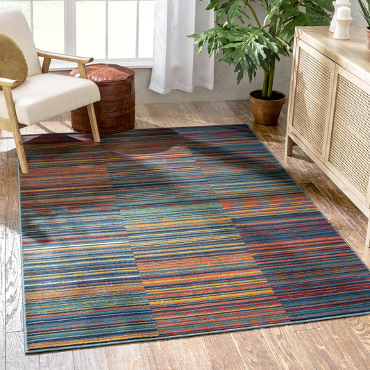 Nampa Tribal Stripes Geometric Pattern Blue Red Distressed Rug TU-214