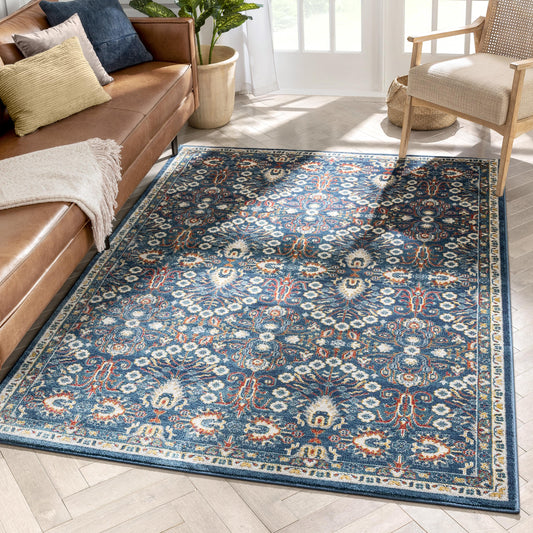Caldwell Floral Oriental Pattern Blue Distressed Rug TU-224