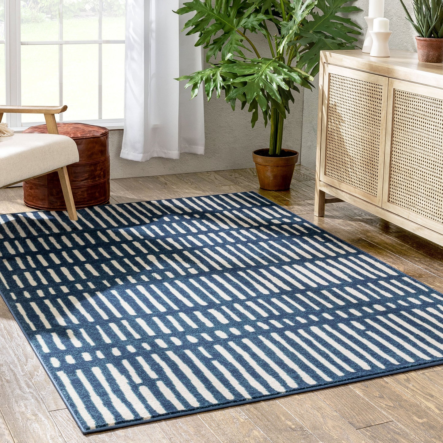 Wilder Tribal Geometric Stripes Blue Distressed Rug TU-264