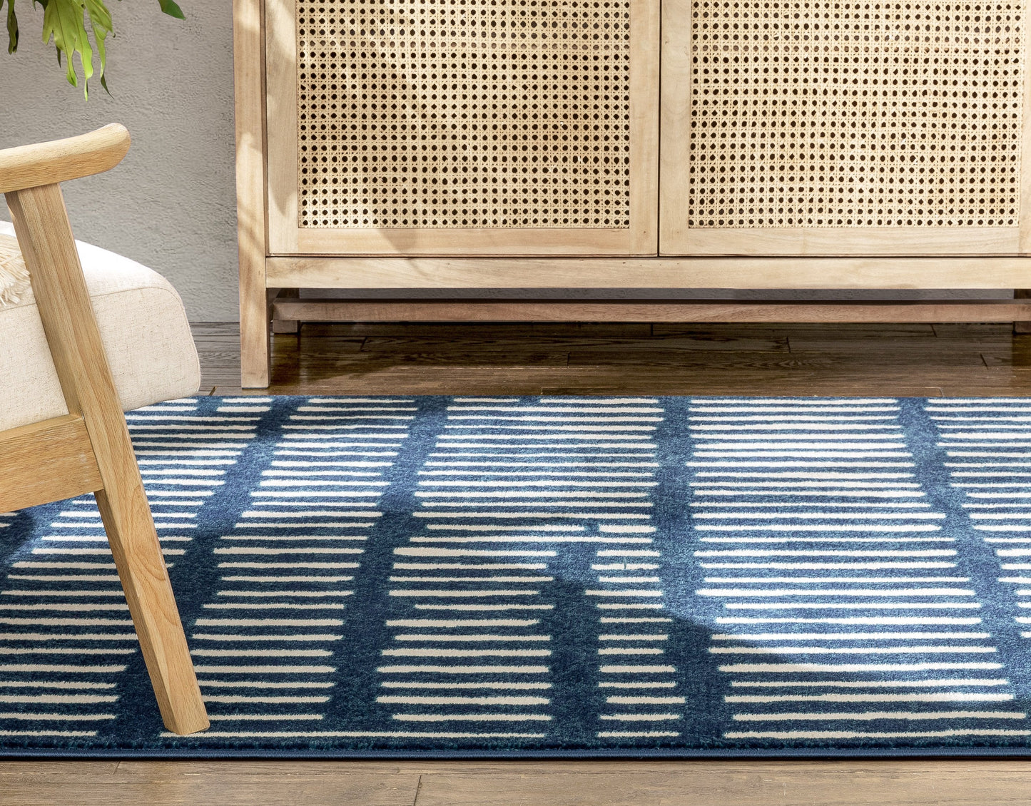 Wilder Tribal Geometric Stripes Blue Distressed Rug TU-264