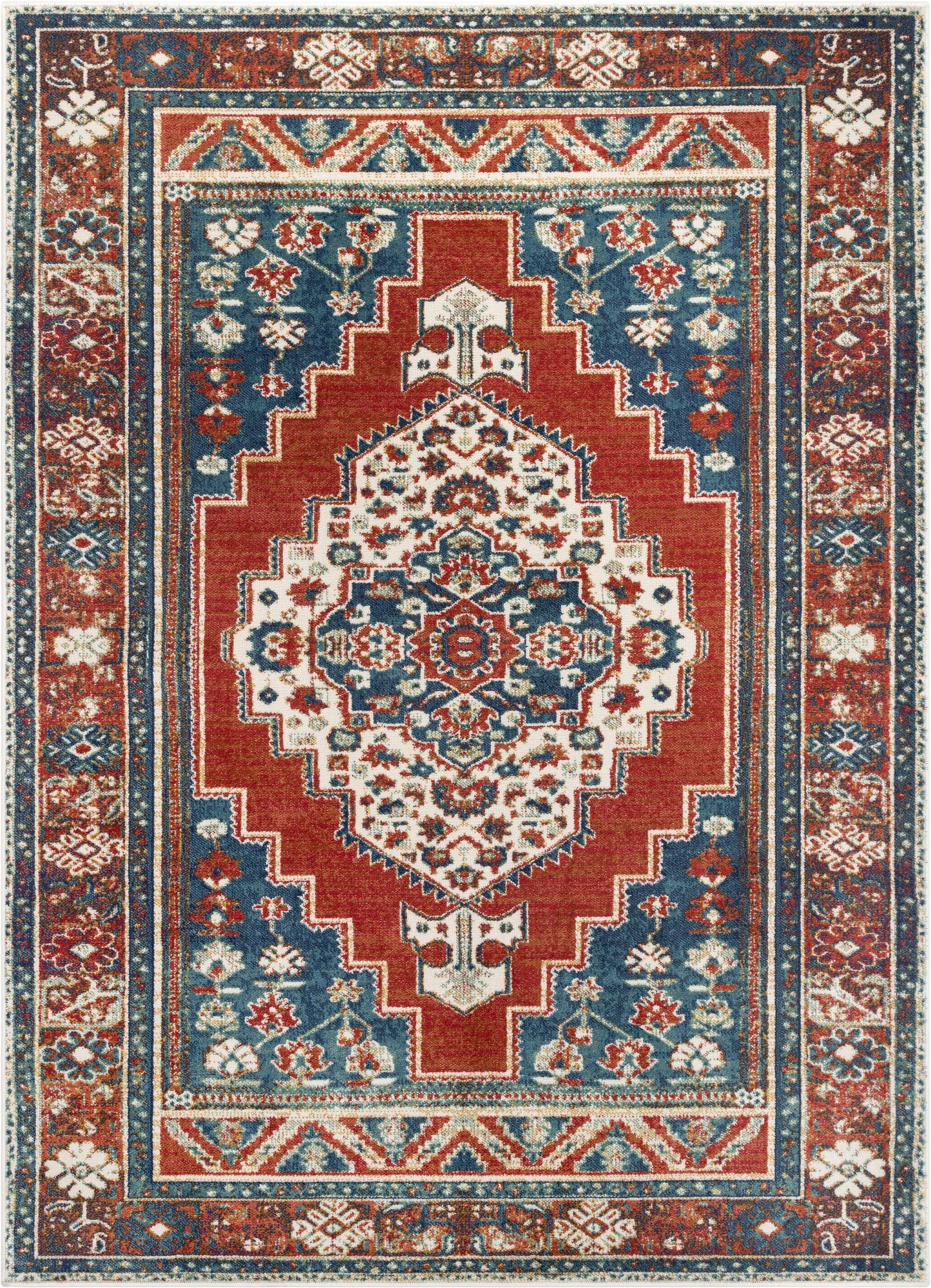 Ucon Southwestern Medallion Pattern Blue Red Distressed Rug TU-294
