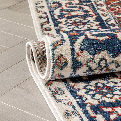 Arco Oriental Medallion Pattern Red Blue Distressed Rug TU-300