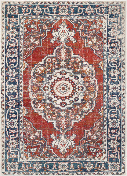 Arco Oriental Medallion Pattern Red Blue Distressed Rug TU-300