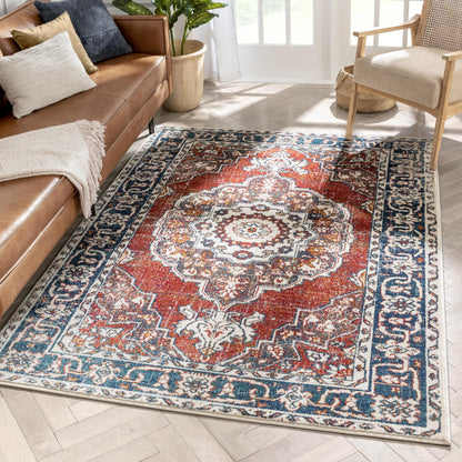 Arco Oriental Medallion Pattern Red Blue Distressed Rug TU-300