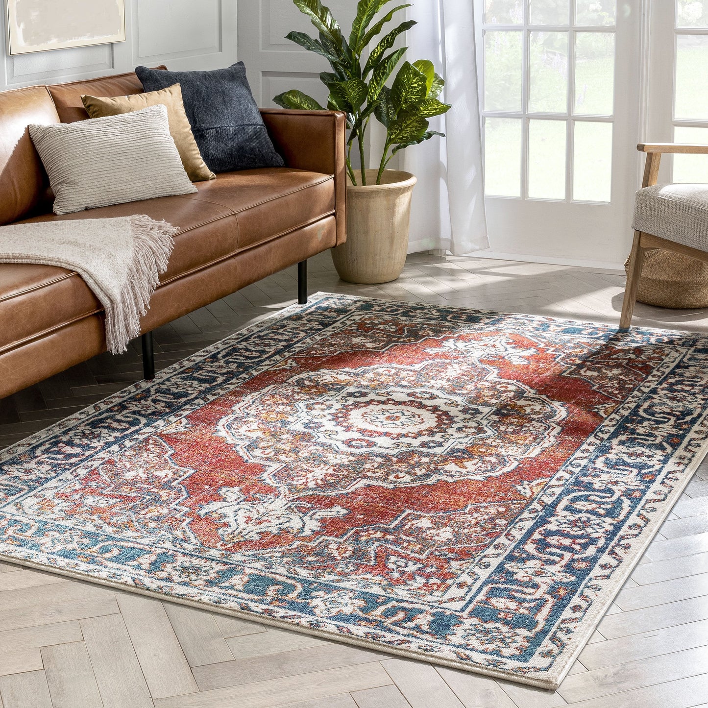 Arco Oriental Medallion Pattern Red Blue Distressed Rug TU-300
