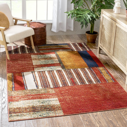 Hauser Tribal Patchwork Red Ivory Distressed Rug TU-330