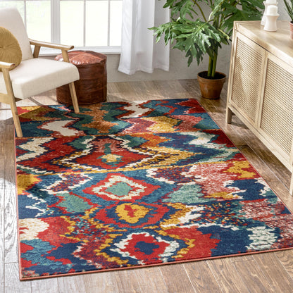 Basalt Moroccan Geometric Waves Blue Red Distressed Rug TU-344
