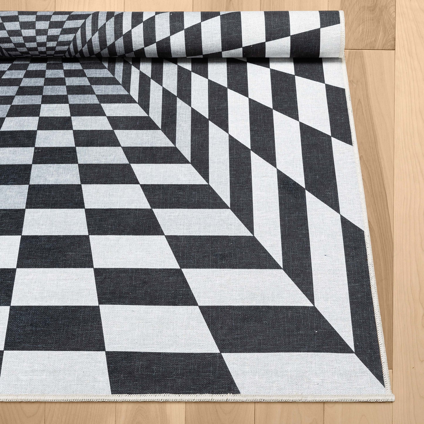 Warp Bottomless Hole 3D Geometric Black Ivory Flat-Weave Washable Area Rug W-AP-01A