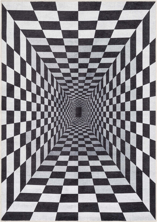 Warp Bottomless Hole 3D Geometric Black Ivory Flat-Weave Washable Area Rug W-AP-01A