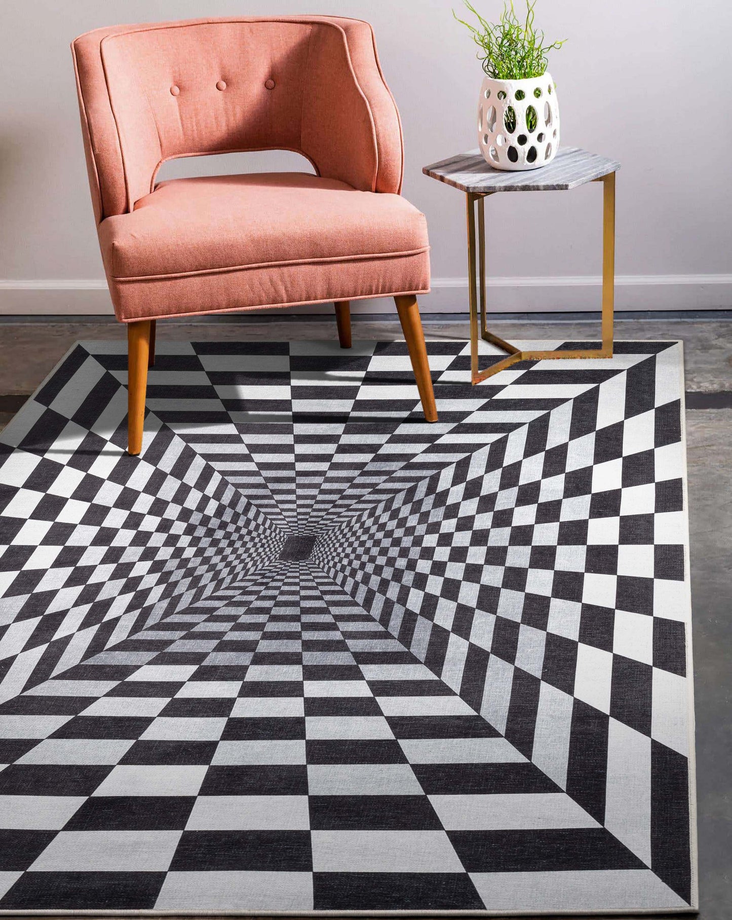 Warp Bottomless Hole 3D Geometric Black Ivory Flat-Weave Washable Area Rug W-AP-01A
