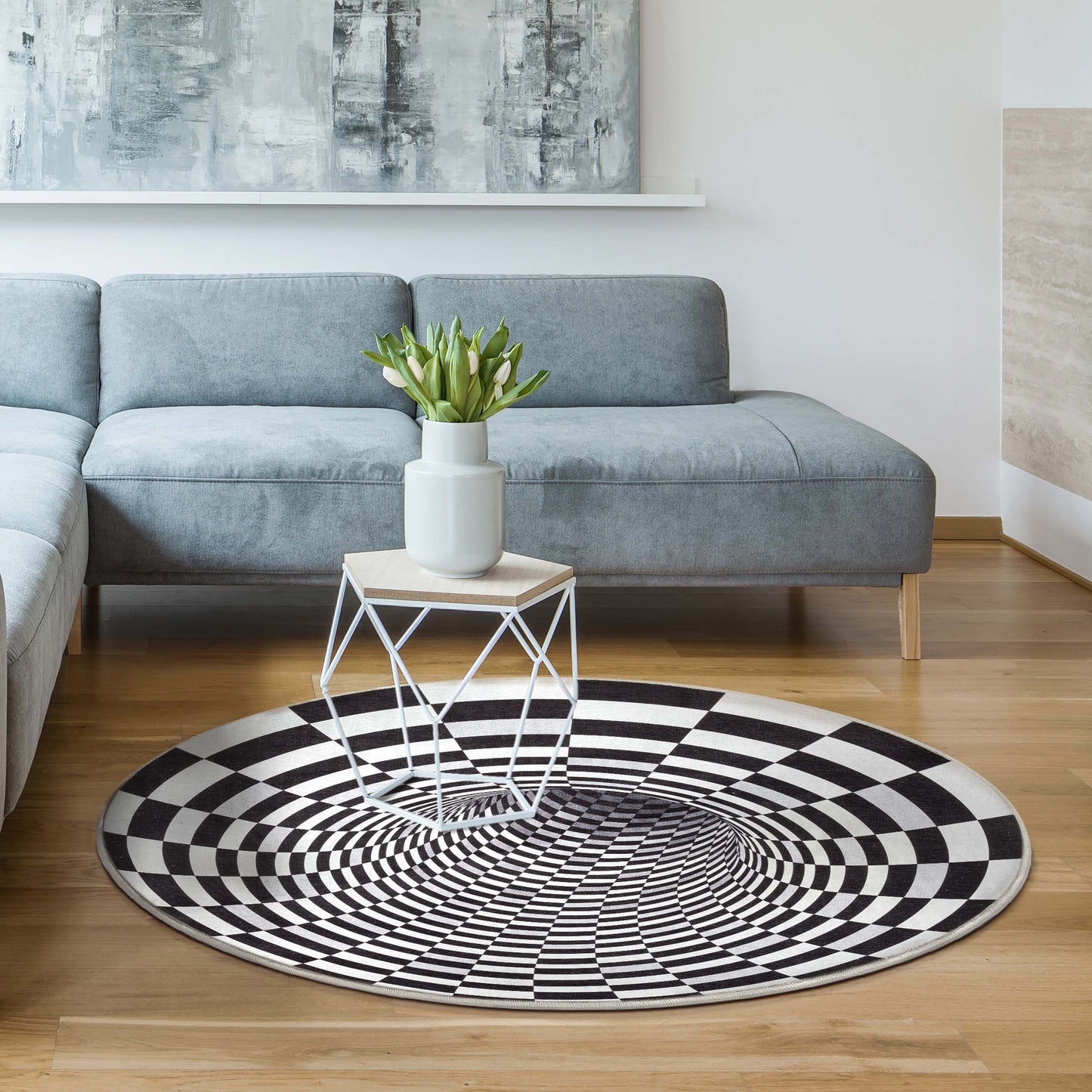 Vortex 3D Bottomless Hole Black Ivory Flat-Weave Washable Area Rug W-AP-02A