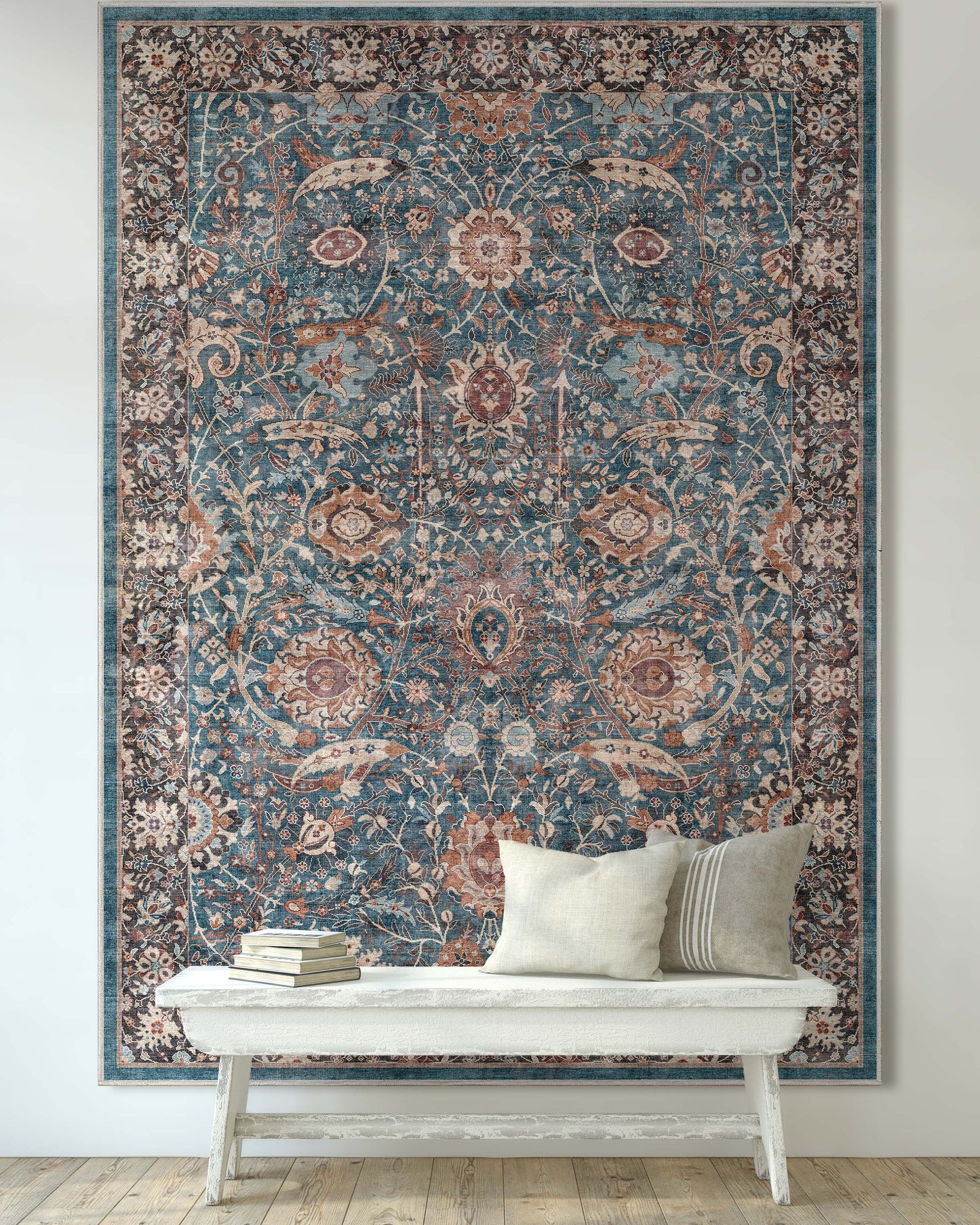 Liana Vintage Oriental Teal Washable Rug W-AS-01B