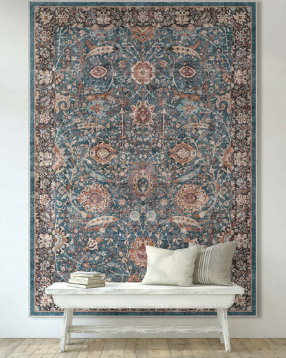 Liana Vintage Oriental Teal Washable Rug W-AS-01B