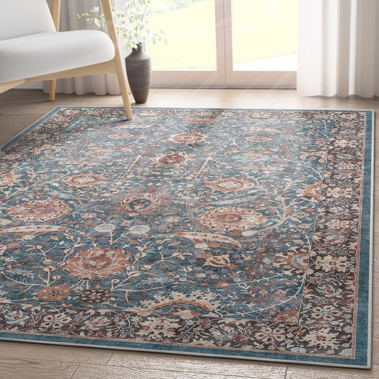 Liana Vintage Oriental Teal Washable Rug W-AS-01B