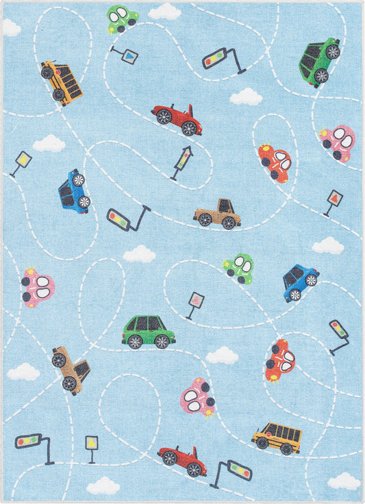 Traffic Modern Light Blue Flat-Weave Washable Kids Rug W-KD-01C