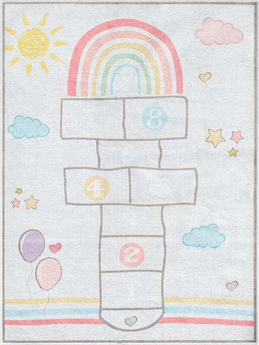 Hopscotch Modern Grey Multi Flat-Weave Washable Kids Rug W-KD-02B
