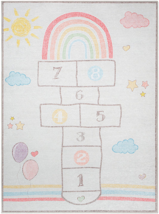 Hopscotch Rainbow Modern Multi Beige Flat-Weave Washable Kids Rug W-KD-02C
