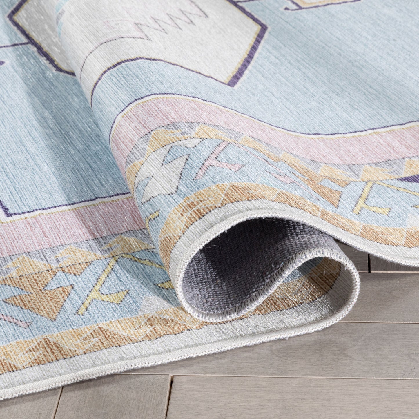 Ethnic Soft Medallion Modern Pink Light Blue Flat-Weave Washable Kids Rug W-KD-05B