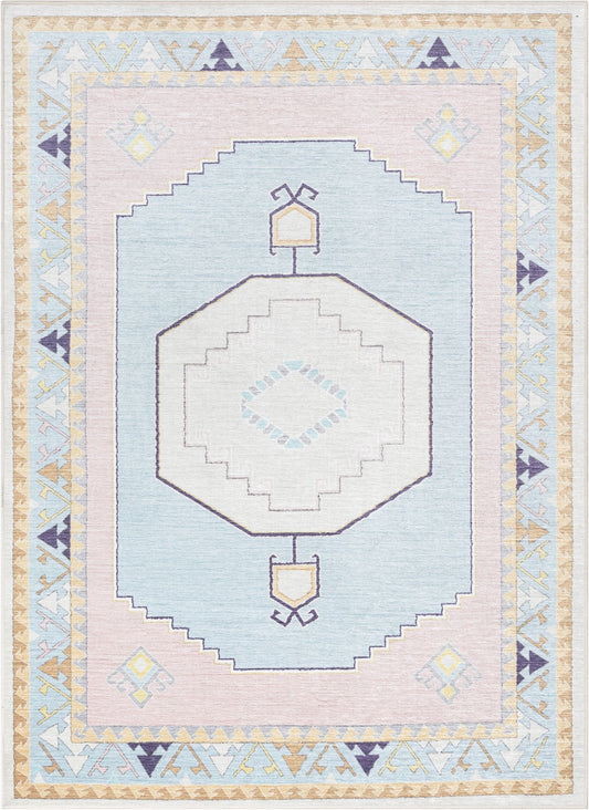 Ethnic Soft Medallion Modern Pink Light Blue Flat-Weave Washable Kids Rug W-KD-05B