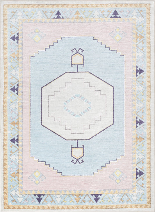 Ethnic Soft Medallion Modern Pink Light Blue Flat-Weave Washable Kids Rug W-KD-05B