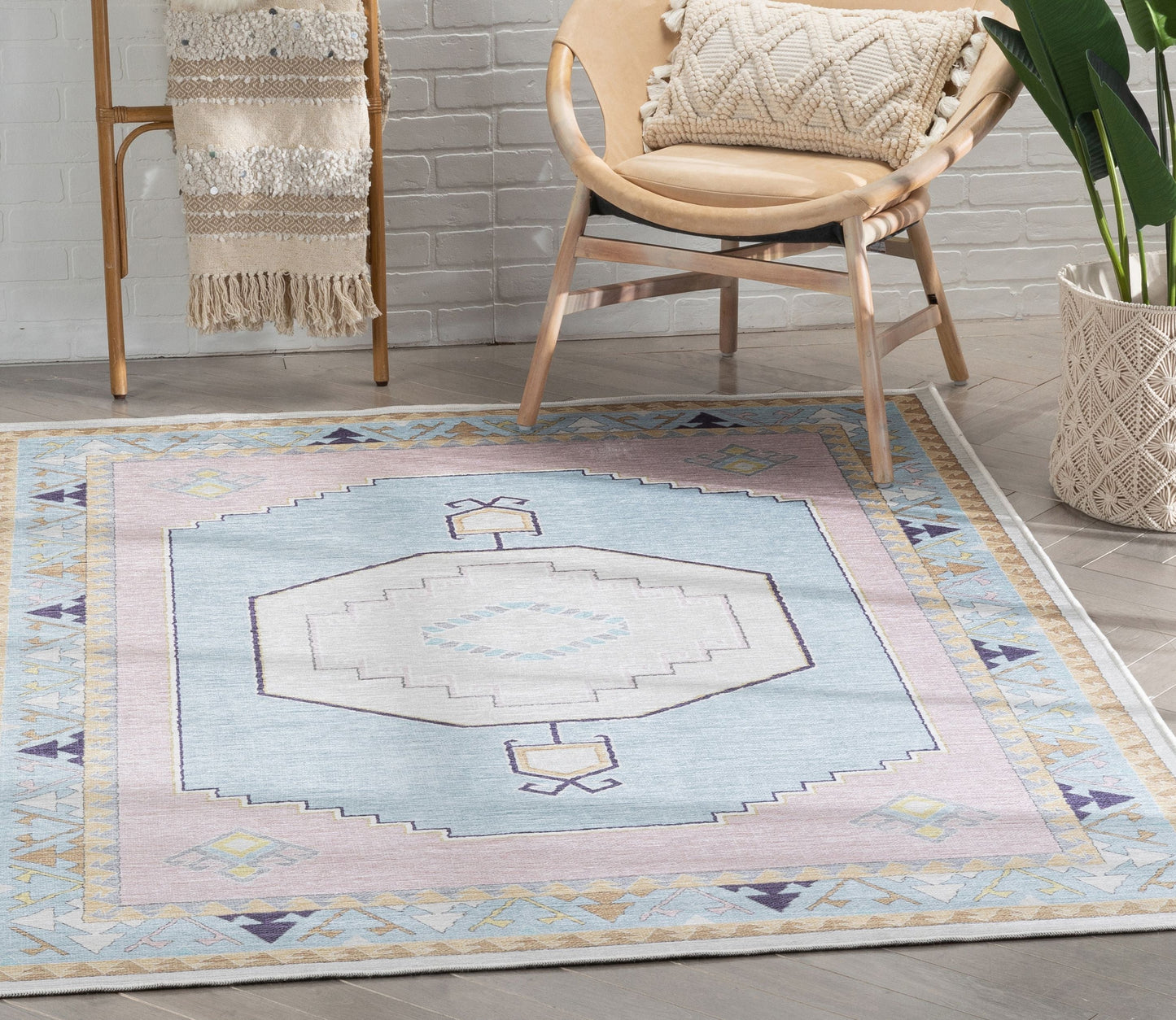 Ethnic Soft Medallion Modern Pink Light Blue Flat-Weave Washable Kids Rug W-KD-05B