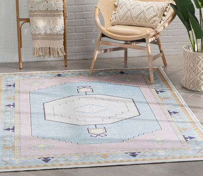 Ethnic Soft Medallion Modern Pink Light Blue Flat-Weave Washable Kids Rug W-KD-05B