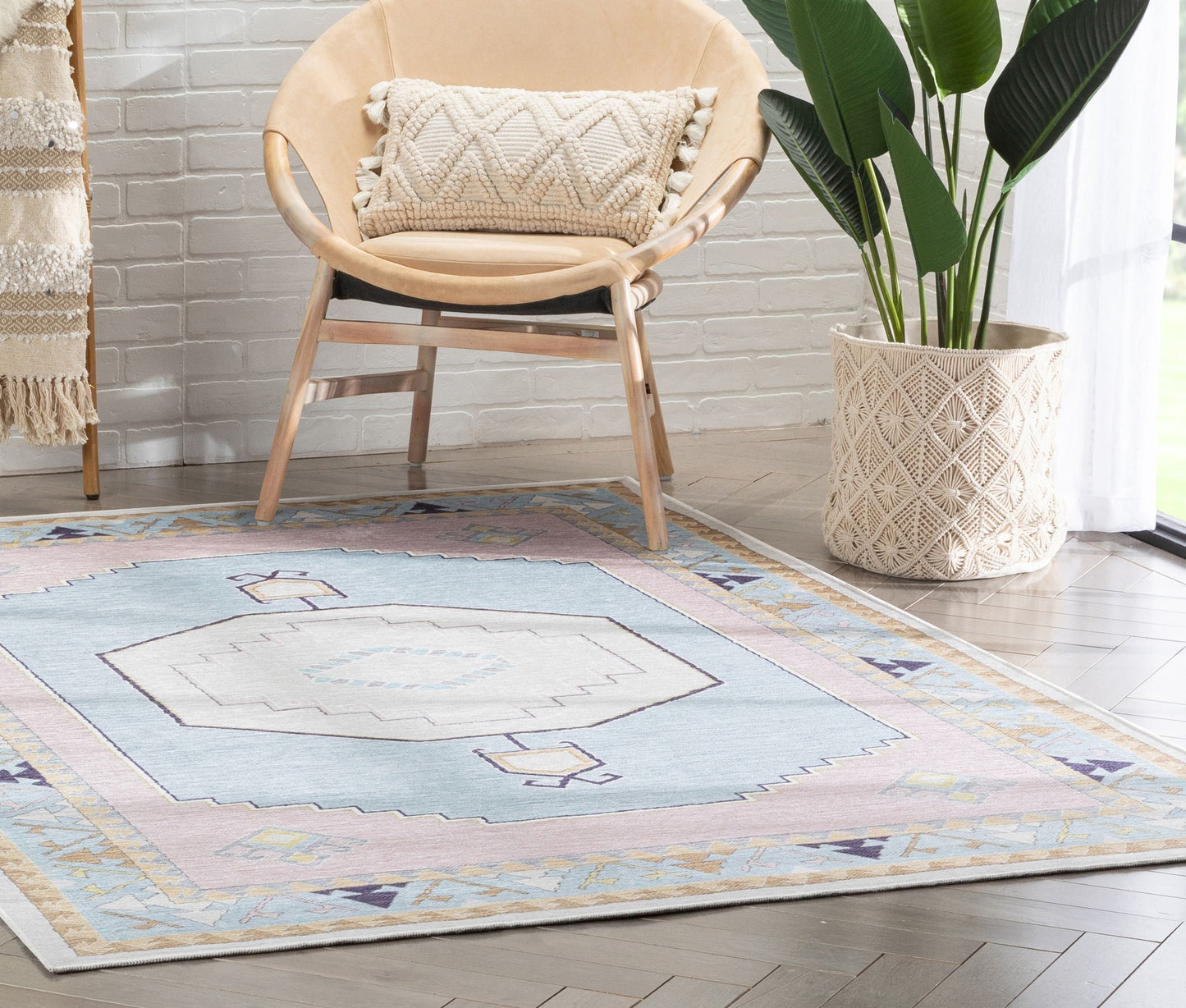 Ethnic Soft Medallion Modern Pink Light Blue Flat-Weave Washable Kids Rug W-KD-05B